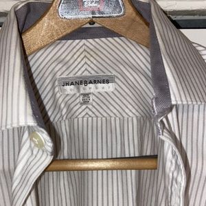 Jhane Barnes Men’s Dress Shirt, Small (15 Neck), White with Grey Stripes